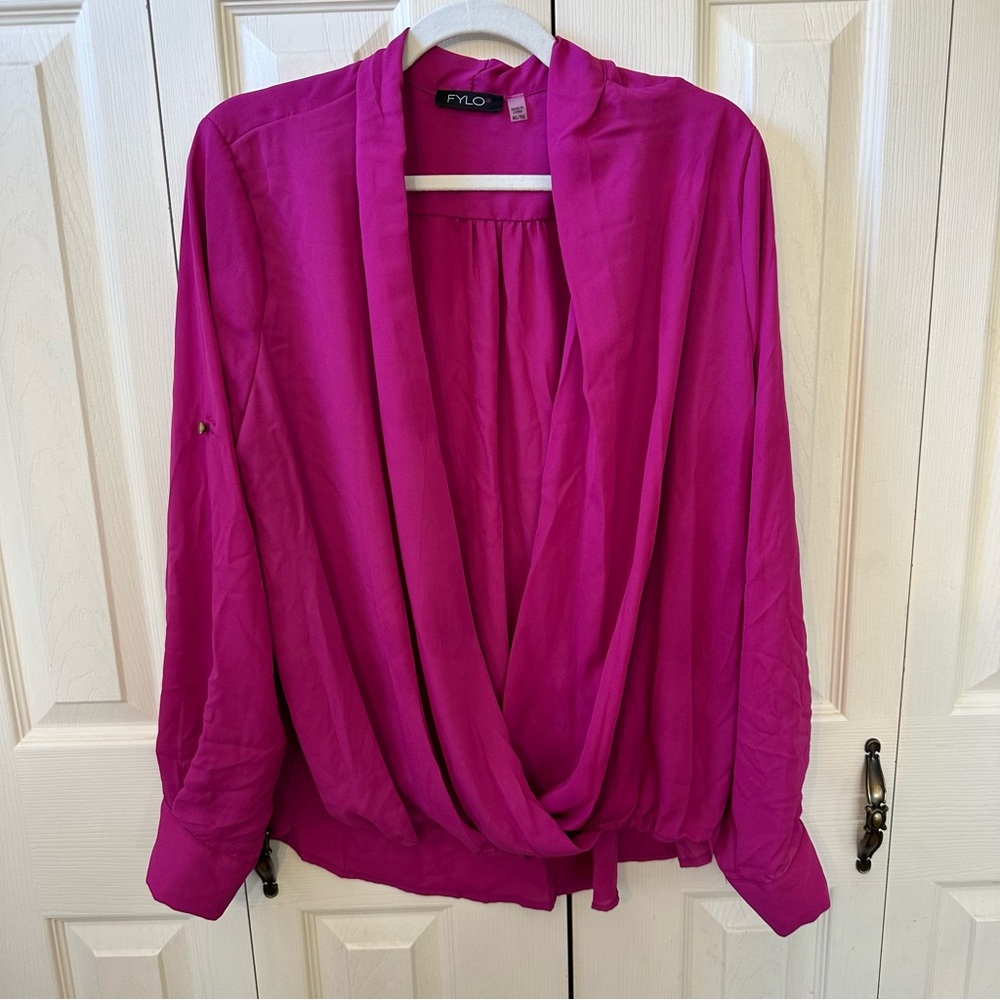 FYLO Pink Satin Wrap Blouse Long Roll Tab Sleeve Deep V-Neck Womens Size XL